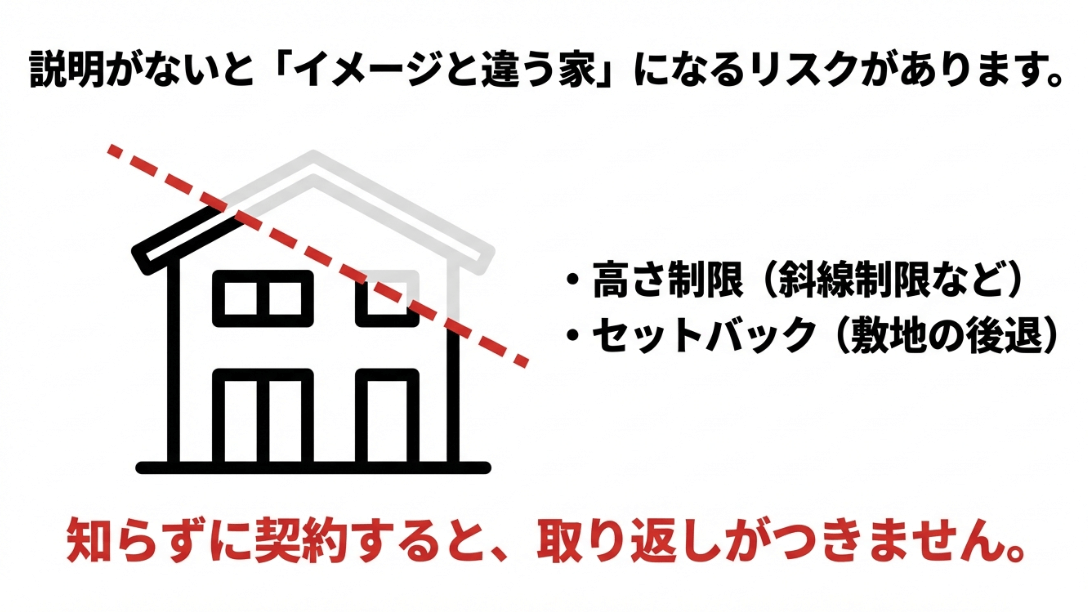 セットバックや高さ制限を知らずに契約すると希望の家が建たないリスクがあることを示す画像