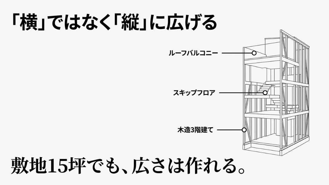 ルーフバルコニー、スキップフロア、木造3階建てなど、15坪の敷地でも広さを確保する設計手法の紹介