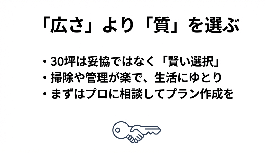 鍵と握手のイラスト。「広さ」より「質」を選び、管理の楽な生活にゆとりを持つことを提案する締めくくりのスライド。