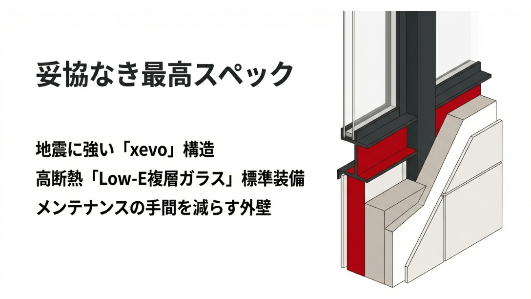 地震に強いxevo構造や高断熱のLow-E複層ガラス、メンテナンス性に優れた外壁など、最高スペックの構造を示す断面図。