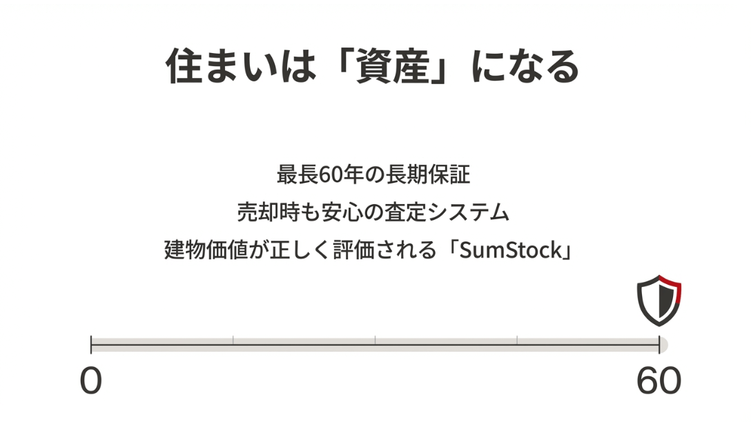 0から60までのタイムラインと盾のアイコンで、最長60年の長期保証やSumStockによる建物価値の評価システムを説明。