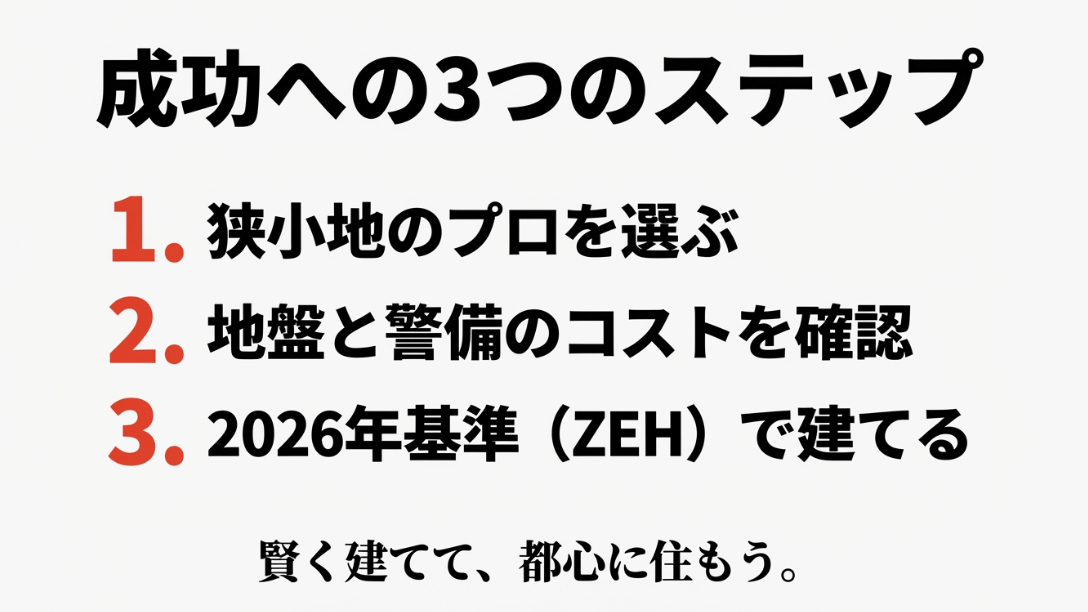 プロ選び、コスト確認、ZEH基準の3つのステップで都心に賢く家を建てるためのまとめスライド