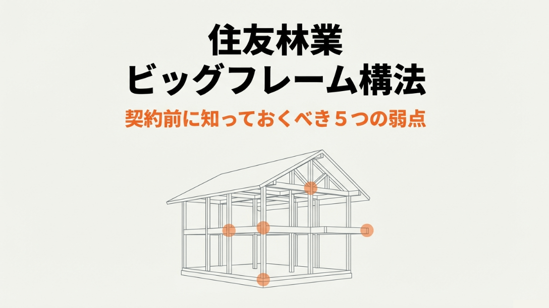 住友林業のビッグフレーム構法（BF構法）における、契約前に知っておくべき5つの弱点をまとめたスライドの表紙。