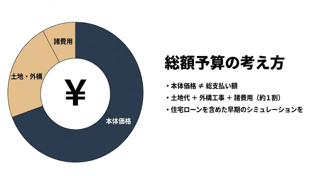 建物本体価格、土地・外構費用、諸費用の割合を示す円グラフ。総額予算を考える際の注意点。