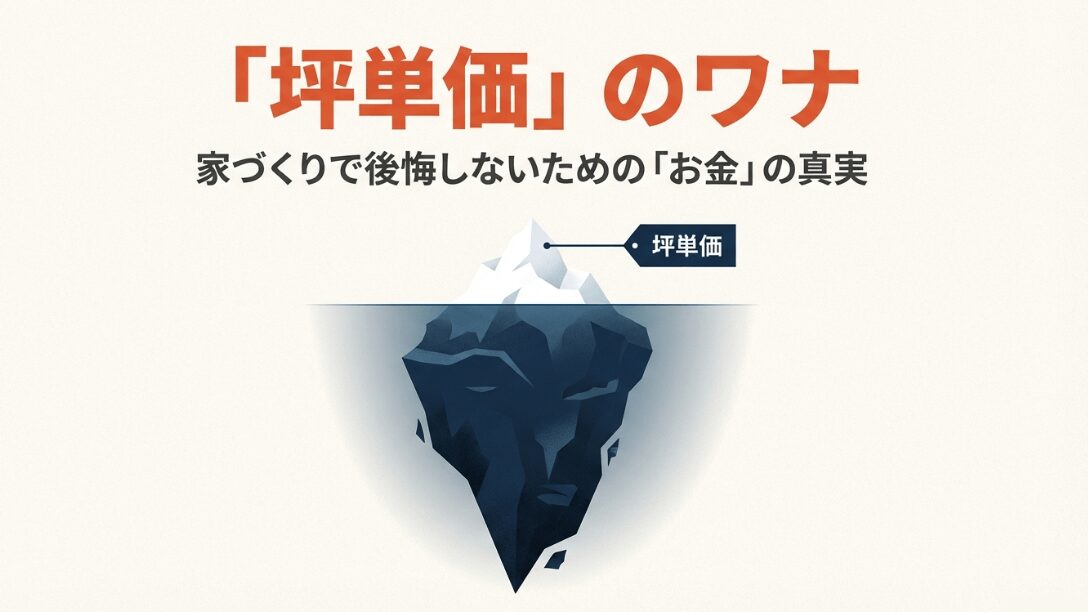 坪単価のワナ、家づくりで後悔しないための「お金」の真実と書かれたタイトルスライド。