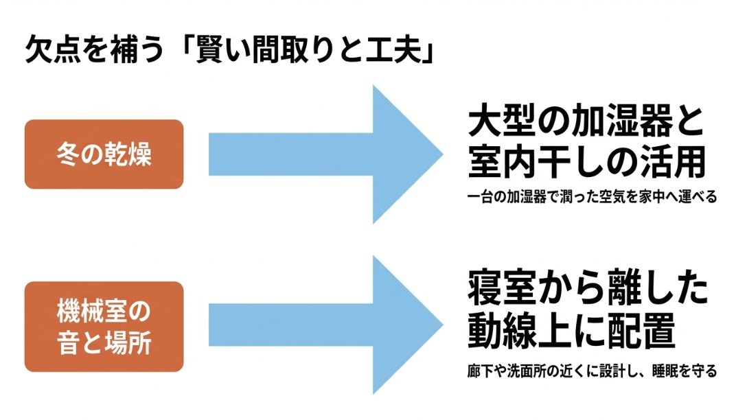 エアロハスの乾燥対策としての加湿器活用や、機械室の音対策としての配置計画など、後悔しないための設計・運用術