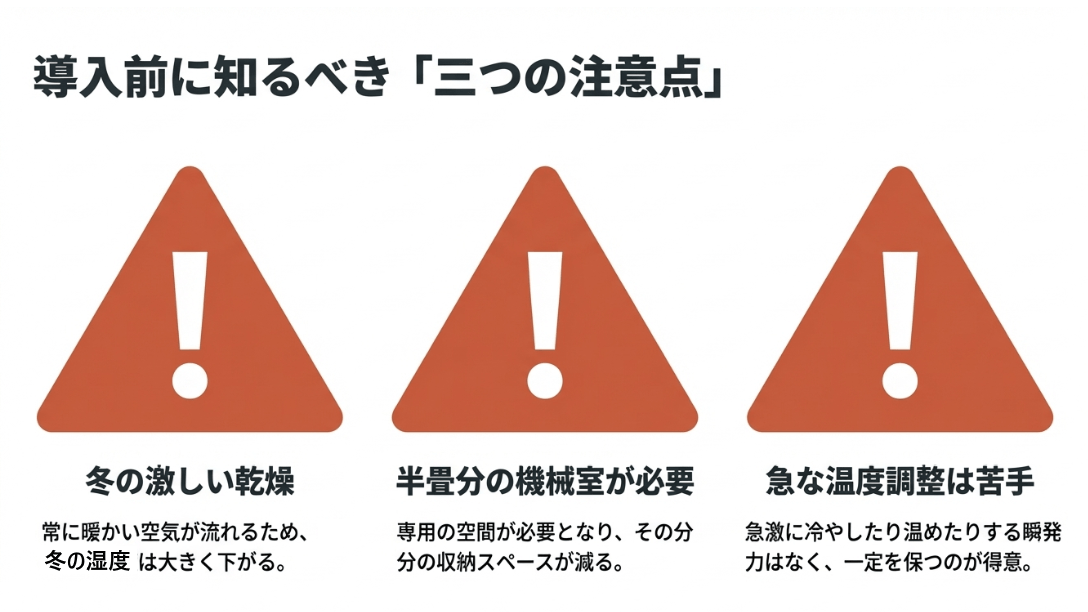 全館空調エアロハスのデメリットである冬の乾燥、機械室のスペース確保、急な温度調整への弱さに関する注意喚起