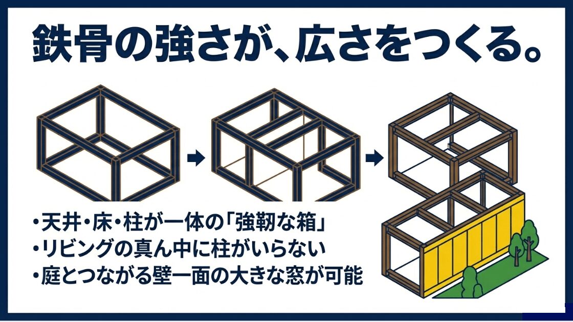 天井・床・柱が一体となった強靭な鉄骨箱型ユニットの構造図