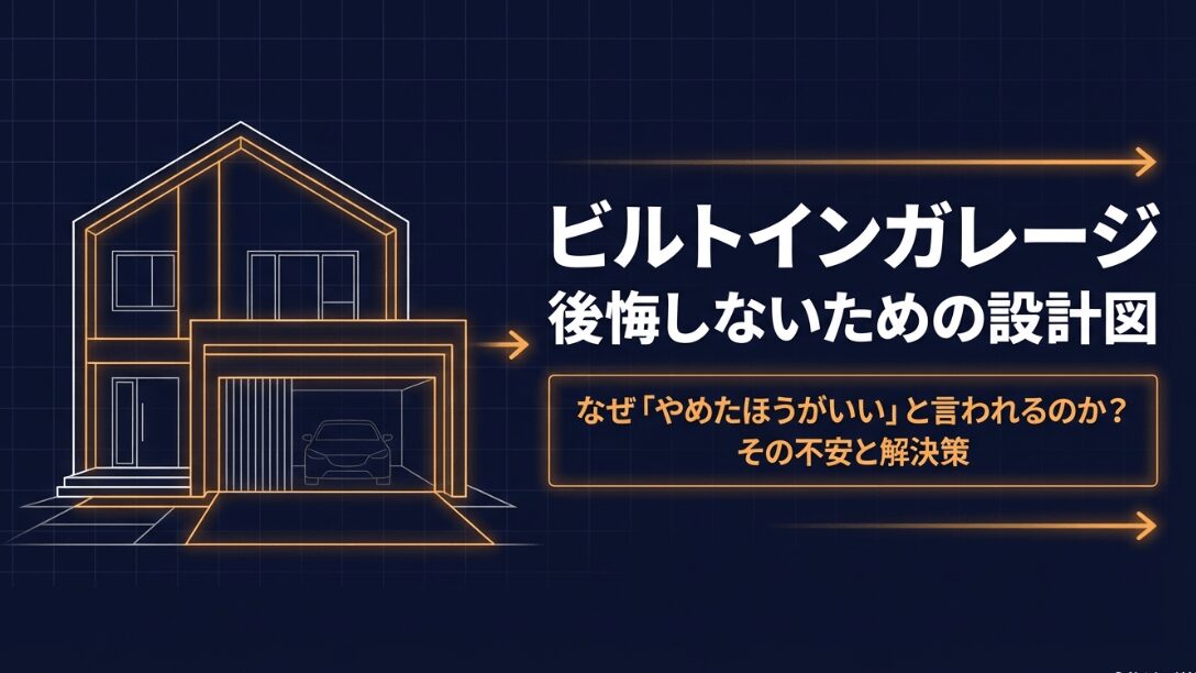 家の断面イラストに「ビルトインガレージ 後悔しないための設計図」と書かれたタイトルスライド