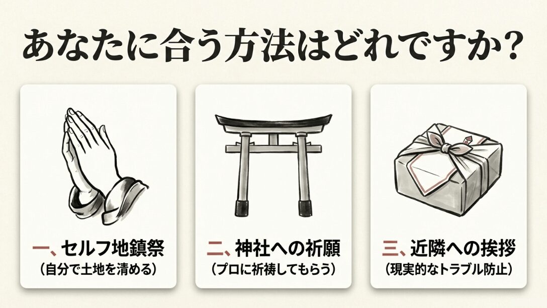 セルフ地鎮祭、神社への祈願、近隣への挨拶という3つの選択肢をアイコンと共にまとめた比較スライド