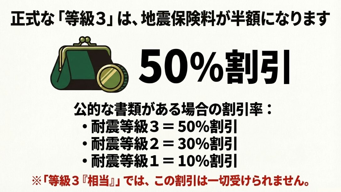 耐震等級1から3までの地震保険料割引率の比較。等級3では保険料が半額(50%割引)になることを強調