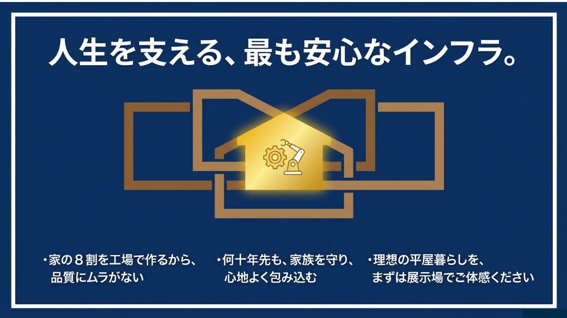 家の8割を工場で精密に作り上げることで品質のムラをなくす生産体制のイメージ画像
