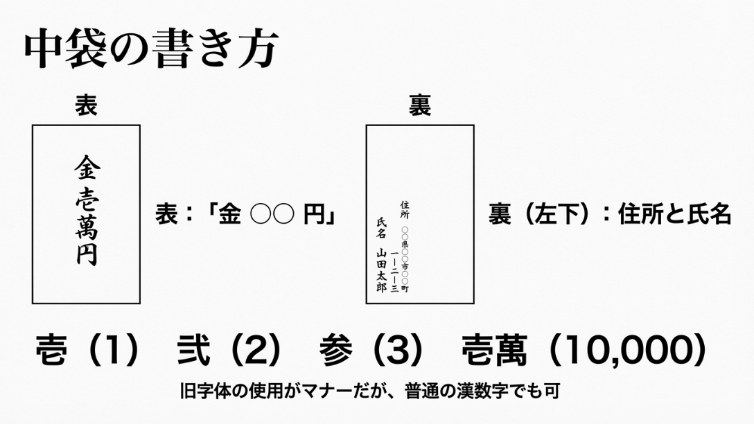 中袋の表面に金額を旧字体(大字)で、裏面に住所と氏名を記入するマナーの解説