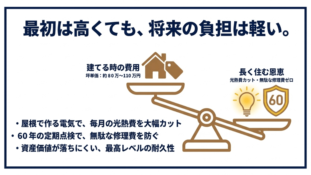 坪単価80〜110万円の初期費用に対し、光熱費カットと60年点検で将来の負担を抑えるメリットの解説