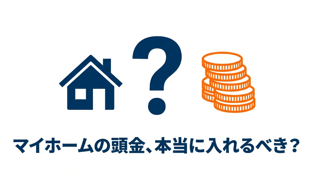 家のアイコンと山積みのコイン、疑問符が描かれた「マイホームの頭金、本当に入れるべき？」という問いかけのスライド