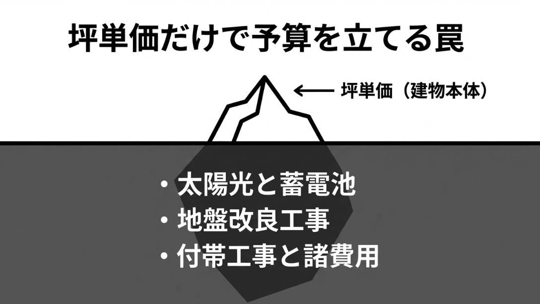 建物本体価格(坪単価)以外にかかる付帯工事や諸費用を氷山に例えた図