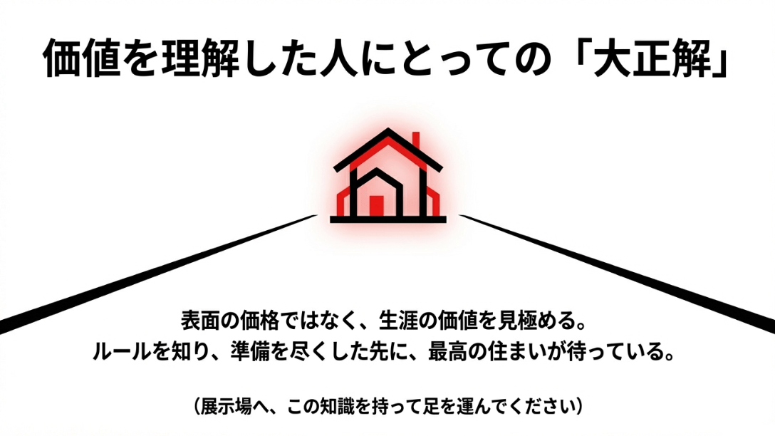 表面の価格ではなく生涯の価値を見極めること、展示場へ行く前の準備の大切さを説く結び