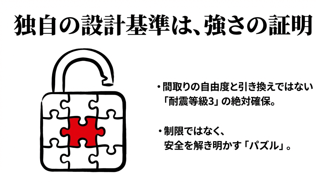 一条ルールを「安全を解き明かすパズル」と表現し、耐震等級3を確実に取得するための設計基準であることを示すパズルと鍵のイラスト