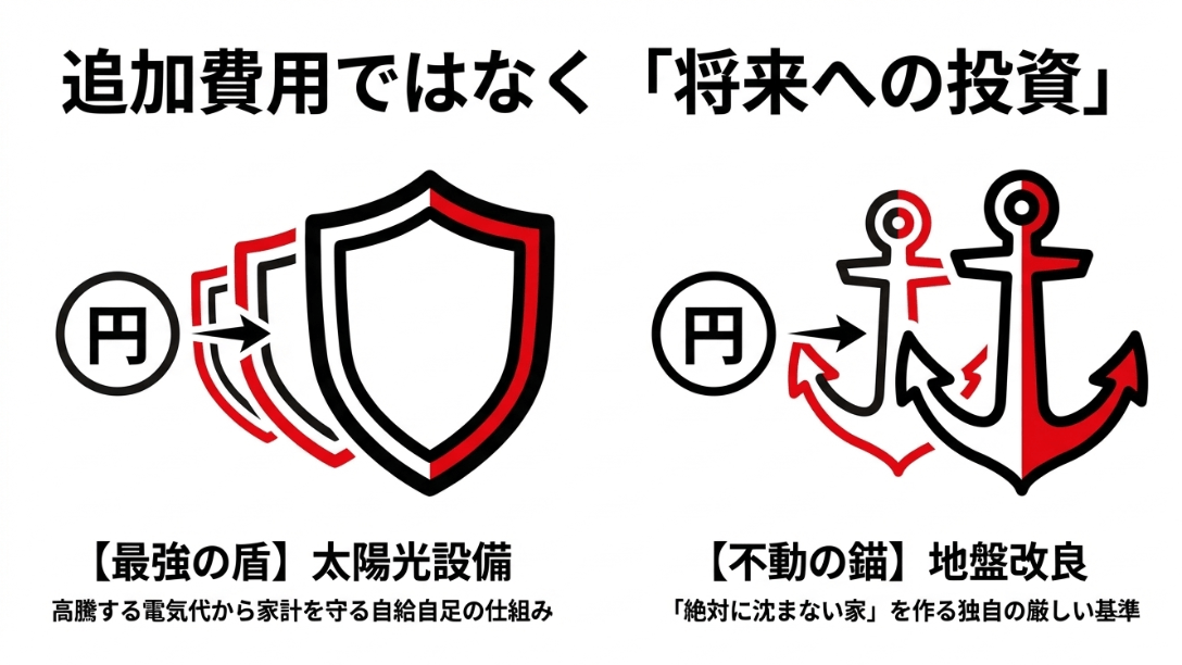 家計を守る「最強の盾」としての太陽光と、家を支える「不動の錨」としての地盤改良の図解