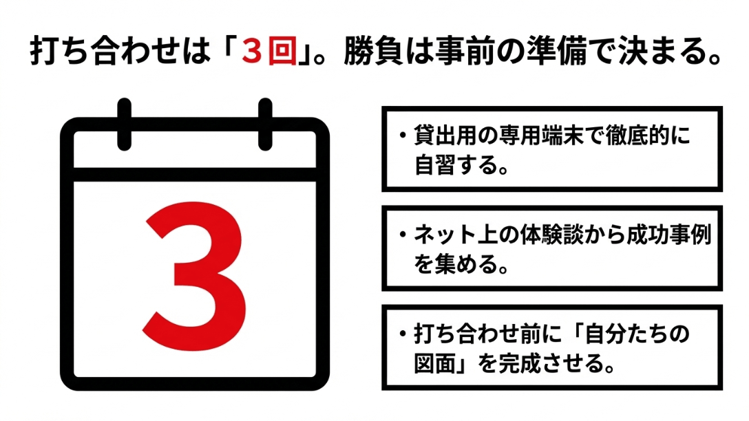 3回の打ち合わせで成功するために必要な、専用端末での自習や図面の事前準備のポイント