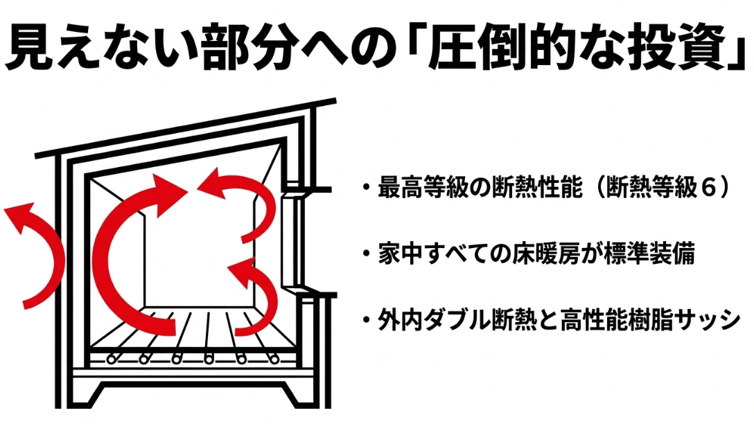 断熱等級6、全館床暖房、ダブル断熱、樹脂サッシなどの高性能な「見えない投資」のリスト