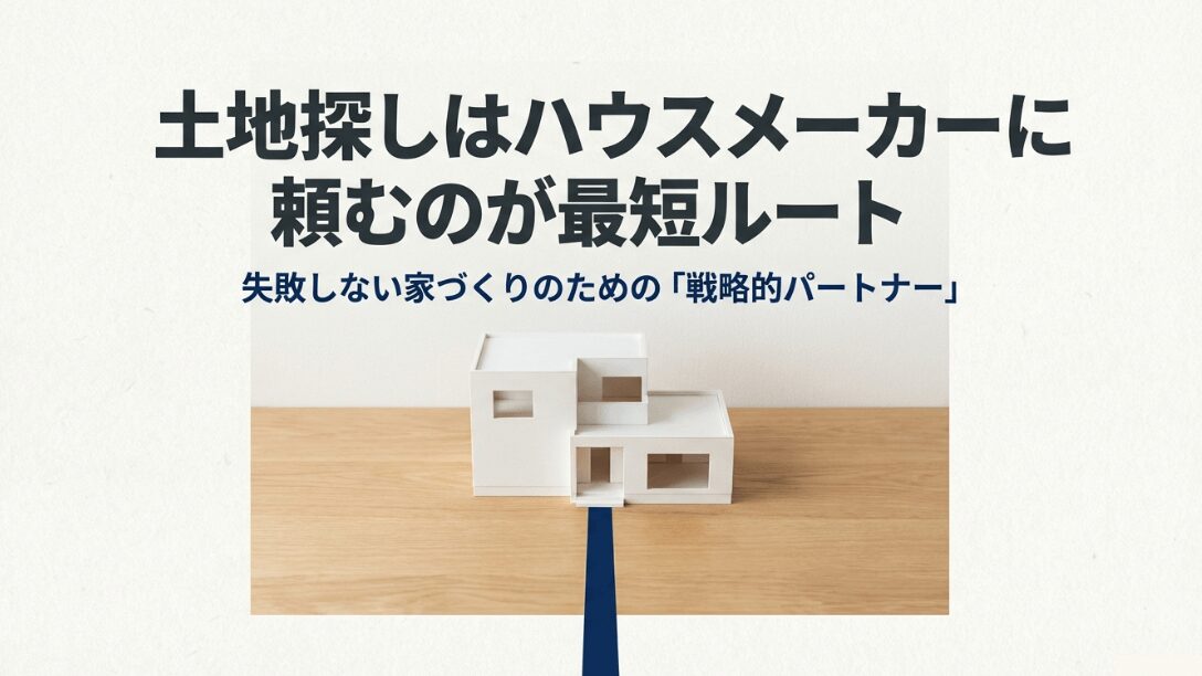 土地探しはハウスメーカーに頼むのが最短ルートであると説明するタイトルスライド