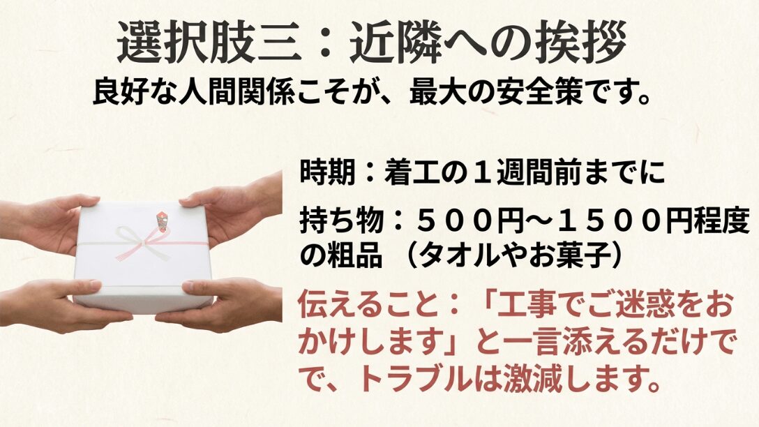 着工1週間前までに500円〜1500円程度の粗品を持って、迷惑をかける旨を伝える挨拶のコツをまとめたスライド