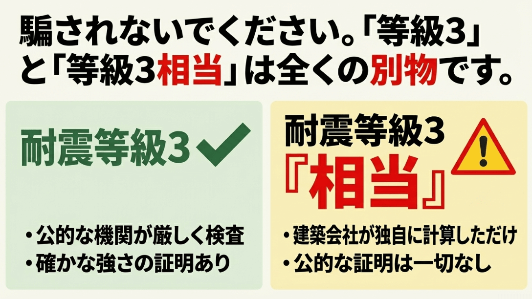 公的機関が検査する耐震等級3と、建築会社が独自計算する等級3相当の違いを比較した解説図