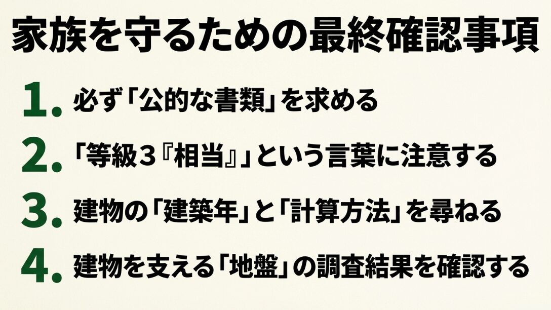 公的書類の確認、等級3相当への注意、建築年と計算方法、地盤調査の4つのポイントをまとめた最終確認リスト