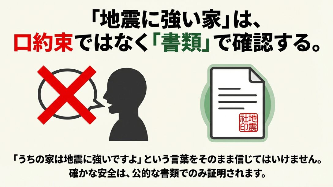 「うちの家は地震に強い」という言葉を信じず、公的な書類で証明を確認することの重要性を示すイラスト