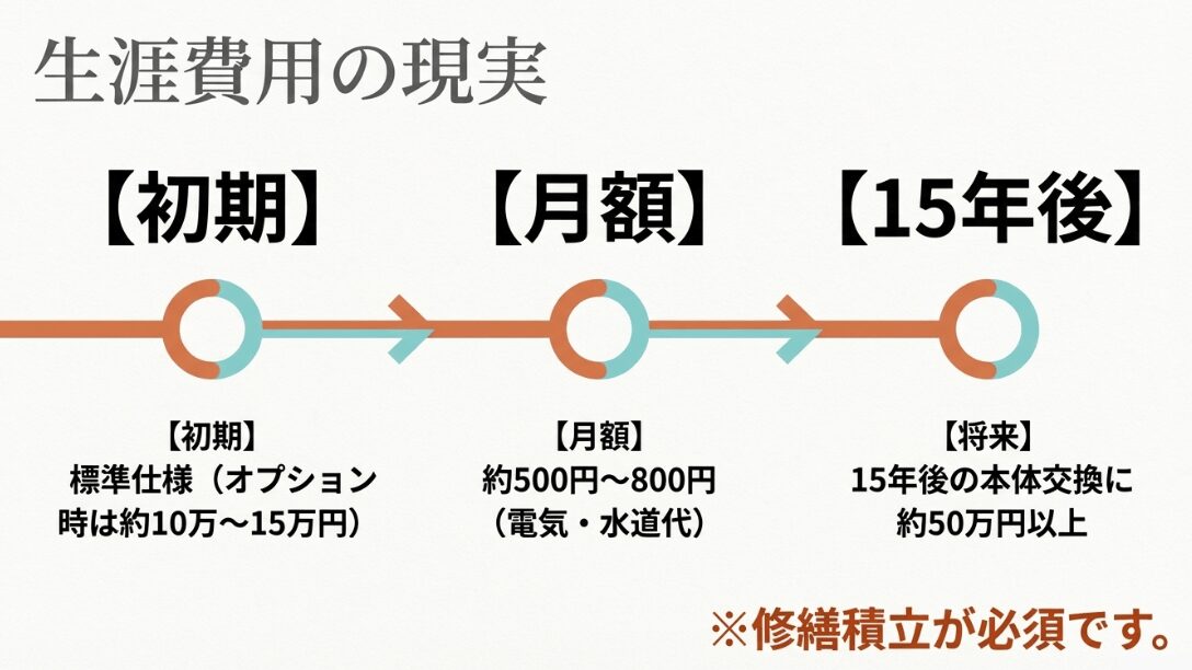 初期費用10〜15万円、月額500〜800円、15年後の本体交換費用50万円以上というライフサイクルコストをまとめた画像