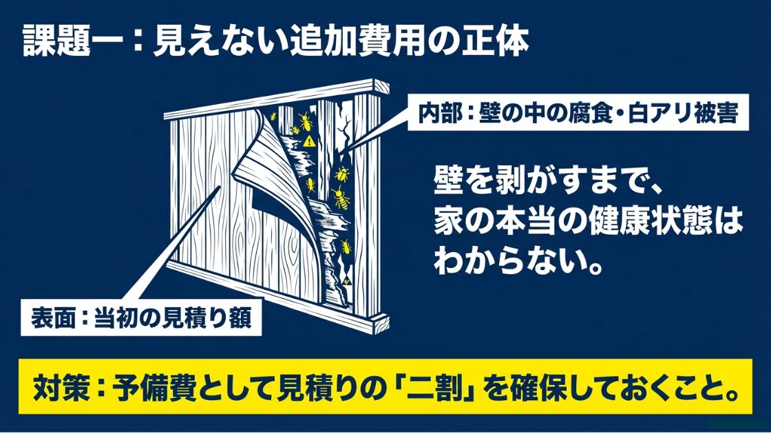 壁を剥がした際に見つかるシロアリ被害や腐食のイラストと、予備費として2割確保することを推奨する解説