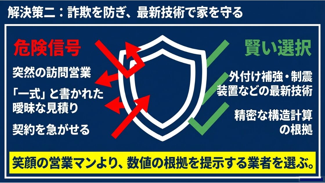 突然の訪問営業などの危険信号と、精密な構造計算や最新技術を提示する「賢い選択」の比較図