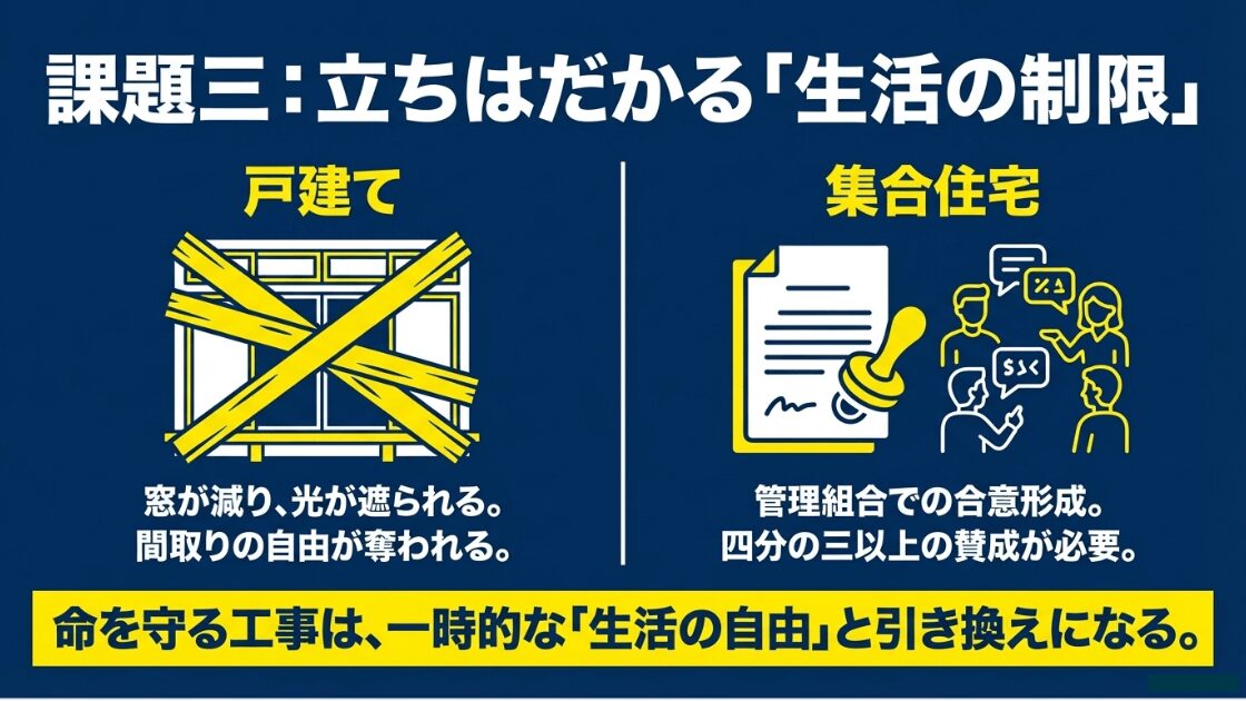 戸建ての窓や間取りへの影響と、マンション管理組合での4分の3以上の賛成が必要な合意形成のハードルを示す図