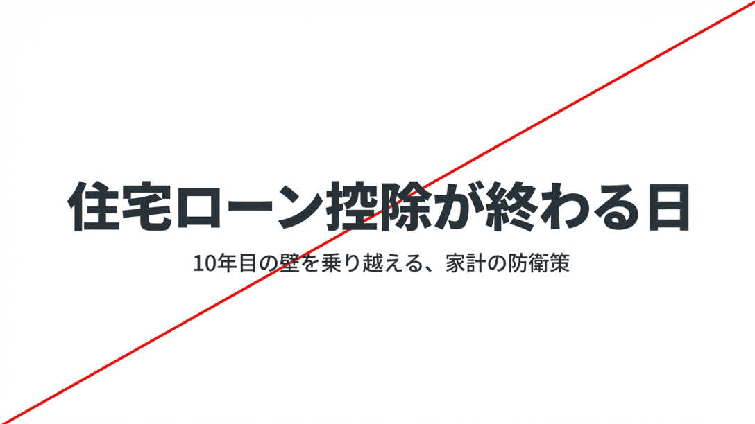「10年目の壁を乗り越える、家計の防衛策」というタイトルと、住宅ローン控除が終わる日をイメージしたスライド