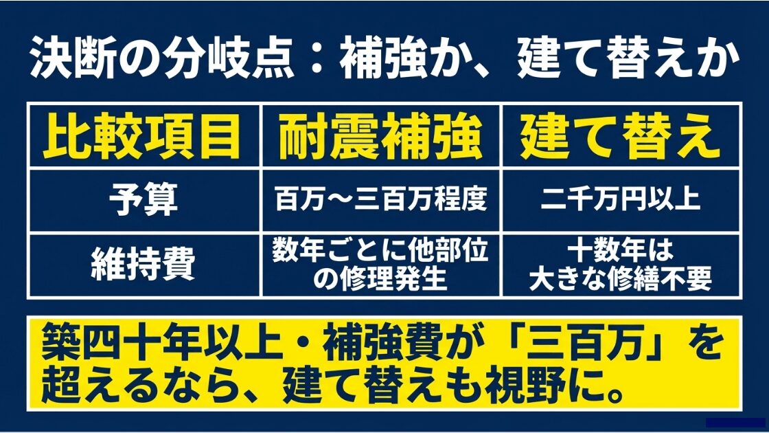耐震補強と建て替えの予算、維持費の違いをまとめた比較表。築40年以上や費用300万円超が判断の目安