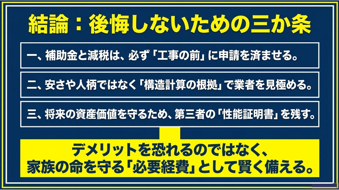 申請は工事前に行う、構造計算の根拠で業者を選ぶ、性能証明書を残すという3つの重要ポイントのまとめ