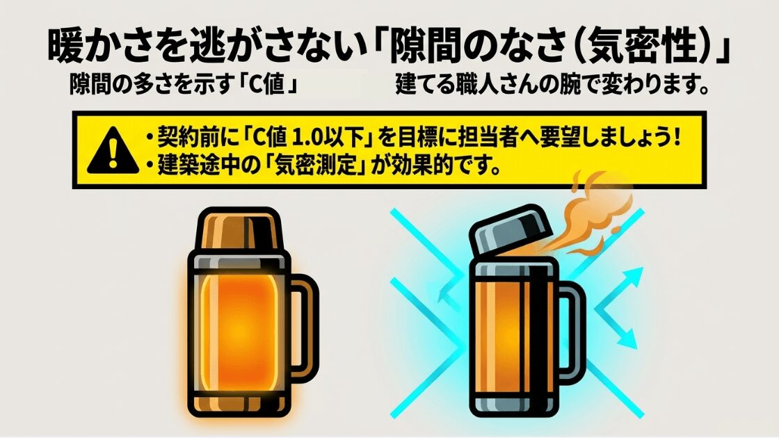 暖かさを逃がさない気密性を示すC値の重要性と、気密測定の効果について記載されたスライド