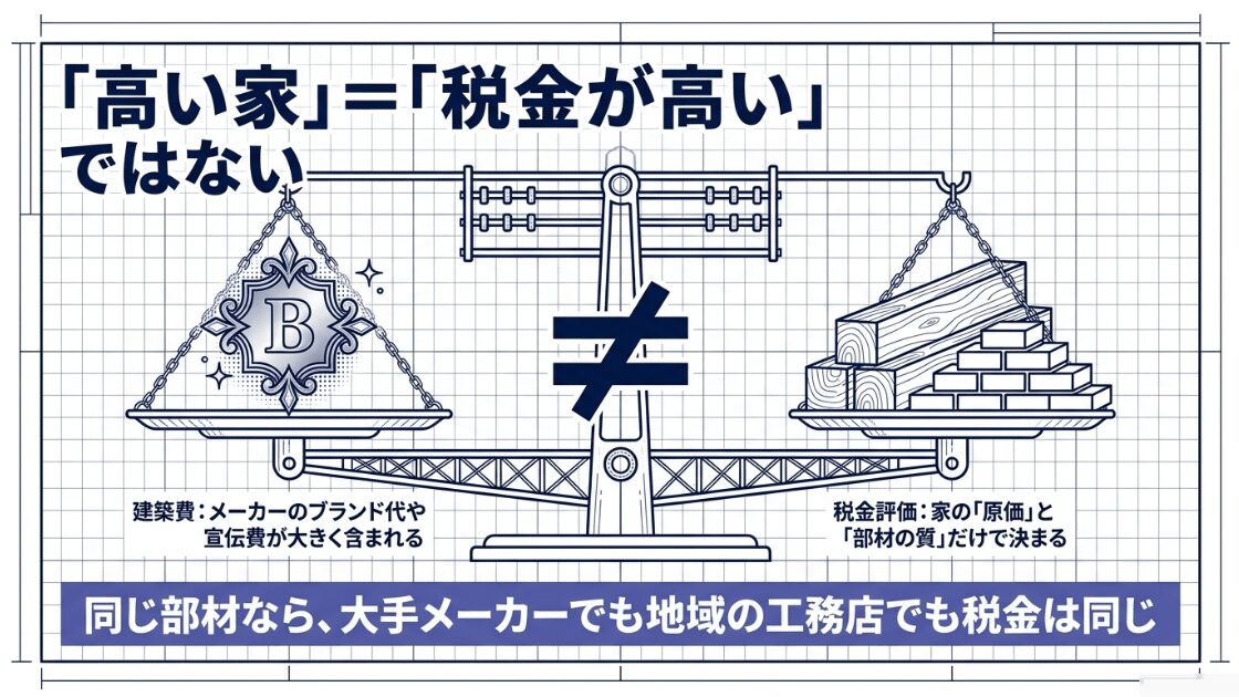 「高い家=税金が高い」ではないことを説明する図解。建築費にはブランド代や宣伝費が含まれるが、税金評価は家の「原価」と「部材の質」だけで決まることを示している