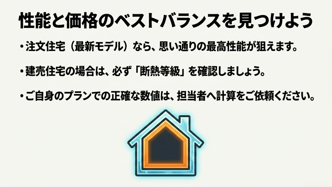 注文住宅と建売住宅の性能と価格のベストバランスを見つけるためのポイントを記載したスライド