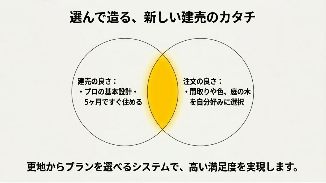 建売の良さと注文の良さを掛け合わせた「選んで造る新しい建売のカタチ」を示すベン図