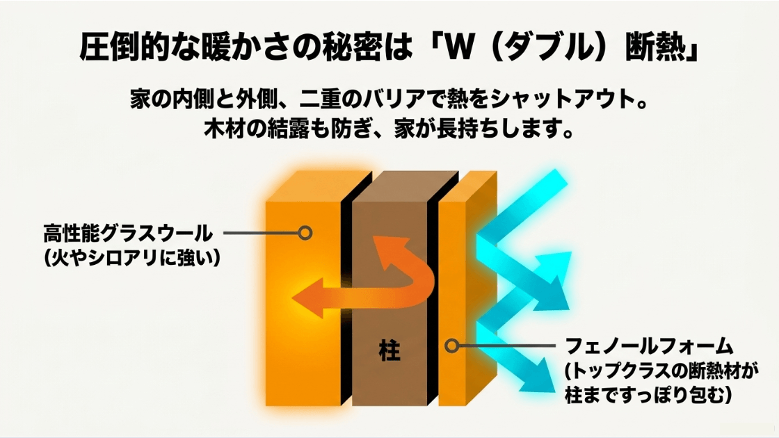 高性能グラスウールとフェノールフォームを用いたW断熱による、熱をシャットアウトする構造を図解したスライド
