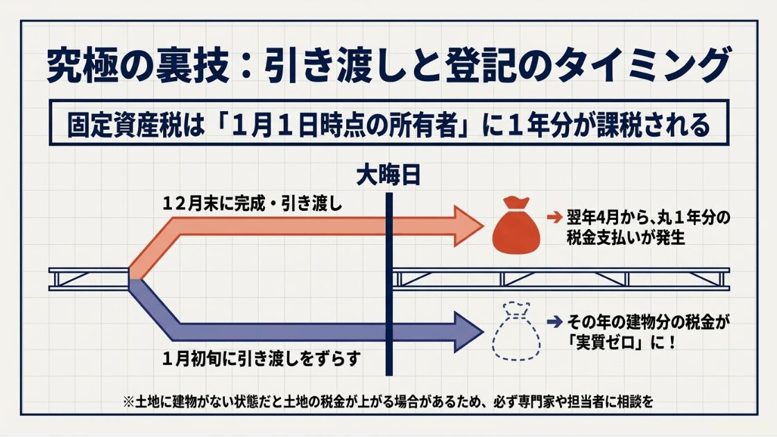12月末に引き渡すと翌年から課税されるが、1月初旬にずらすことでその年の建物分が実質ゼロになる仕組みを説明したタイムライン図