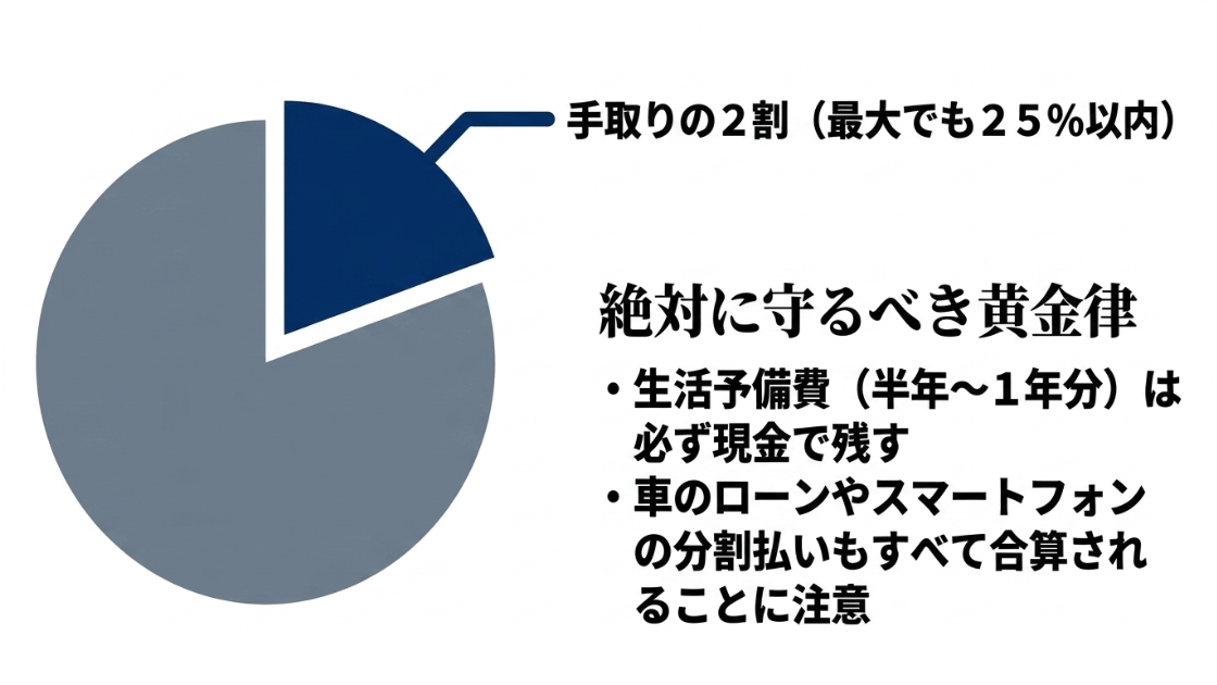 住宅ローン返済の黄金律。手取りの2割以内、生活予備費の現金確保、他ローンの合算への注意点