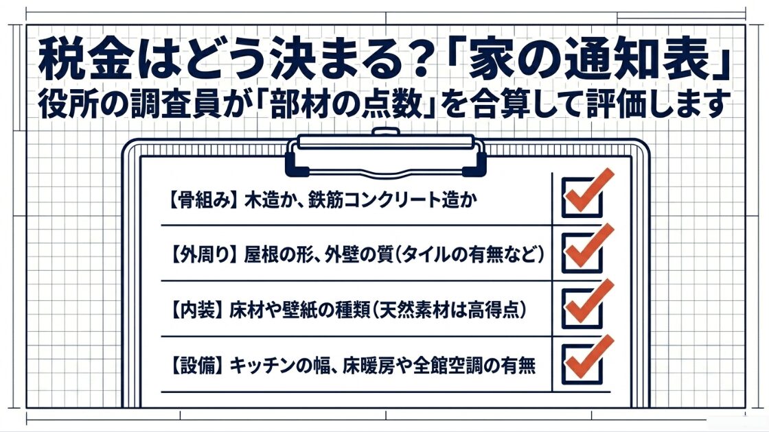 役所の調査員がチェックするポイント(骨組み、屋根・外壁の質、内装の素材、設備の幅や有無など)を「家の通知表」としてまとめたリスト