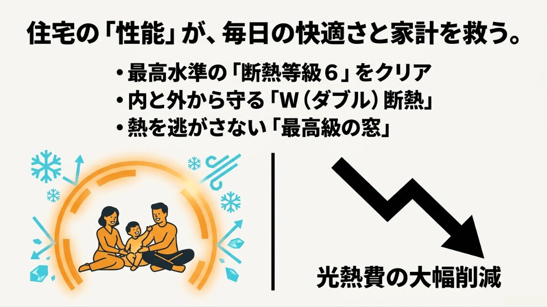 住宅の性能が毎日の快適さと家計を救うことや、光熱費の大幅削減について解説するスライド