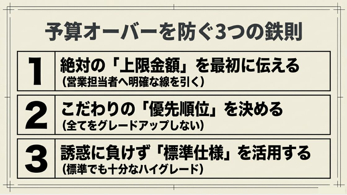 注文住宅の予算オーバーを防ぐ3つの鉄則。1.絶対に上限金額を最初に伝える、2.こだわりの優先順位を決める、3.標準仕様を活用する、というコスト管理のポイント