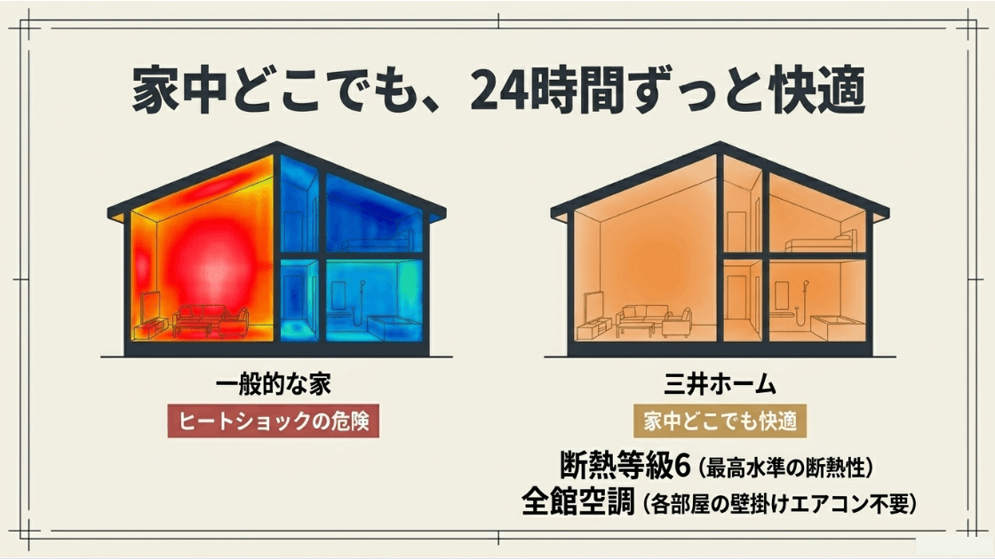一般的な家(ヒートショックの危険あり)と三井ホーム(家中どこでも24時間快適)の室内温度イメージの比較。断熱等級6と全館空調による最高水準の快適性を表すイラスト