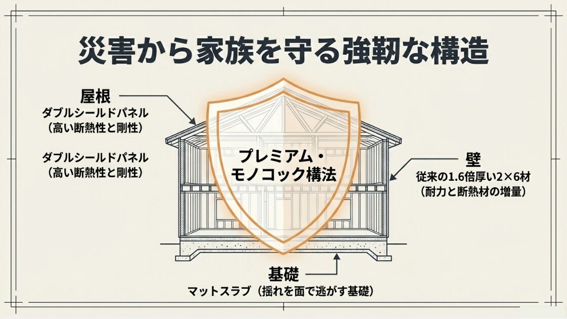 三井ホームのプレミアム・モノコック構法の解説。高い断熱性と剛性を持つ屋根「ダブルシールドパネル」、従来の1.6倍厚い「2×6材」の壁、揺れを面で逃がす基礎「マットスラブ」の3つの特徴