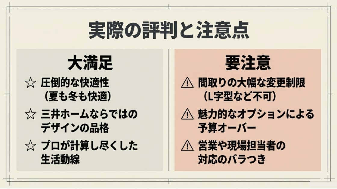 三井ホームセレクトの実際の評判。大満足な点(圧倒的な快適性、デザインの品格、計算された生活動線)と、要注意な点(間取りの大幅な変更制限、オプションによる予算オーバー、担当者の対応のバラつき)